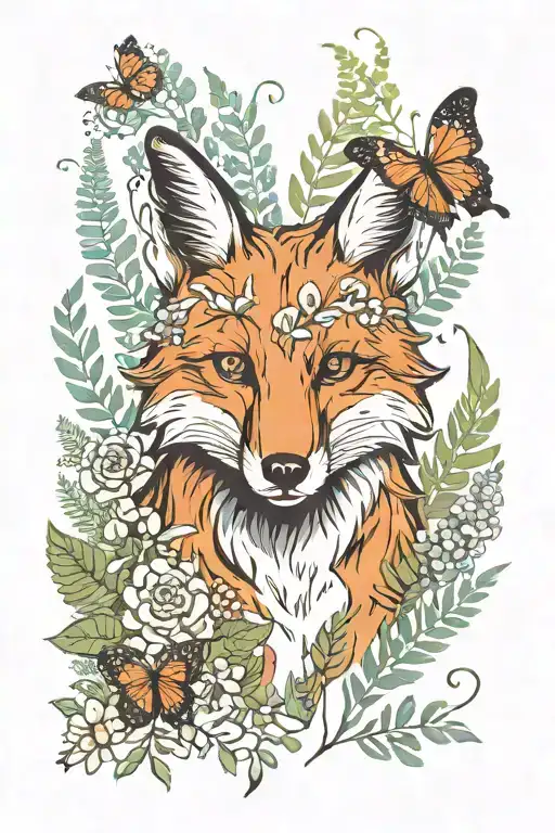 Fox Portrait Bordered By Ferns And Flowers With A Butterfly