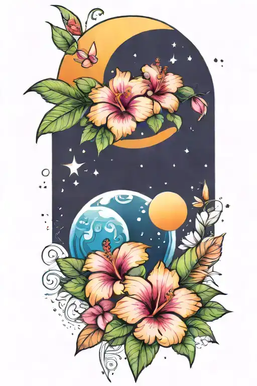 Hibiscus And Plumerias And Planets Stars And Nebulas And Ancient Egypt