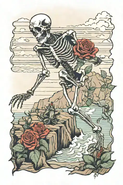 Skeleton Dancing On Edge Of Cliff Overlooking The Ocean While Holding Rose