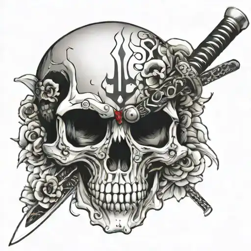 A Katana Passing Through A Skull With Japanese Words Around