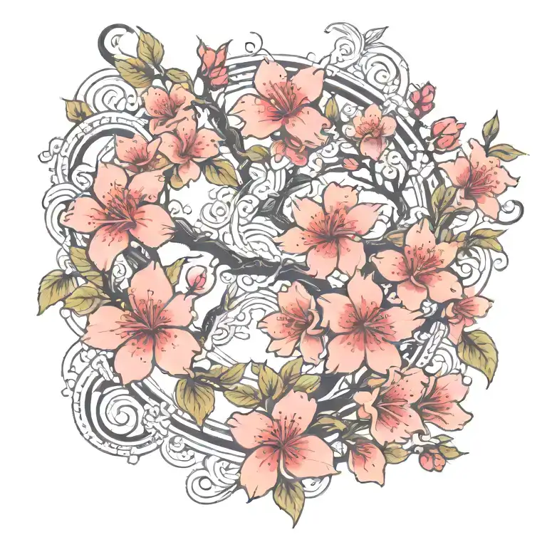 Greek Cherry Blossom Branch Red Sun And Moon