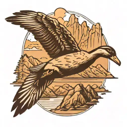 Duck Flying With Mountain Backdrop Full Sleeve Tattoo Black And White