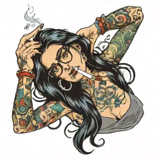 Sexy Girl With Long Black Hair And Glasses With Tattoos Smoking A Joint