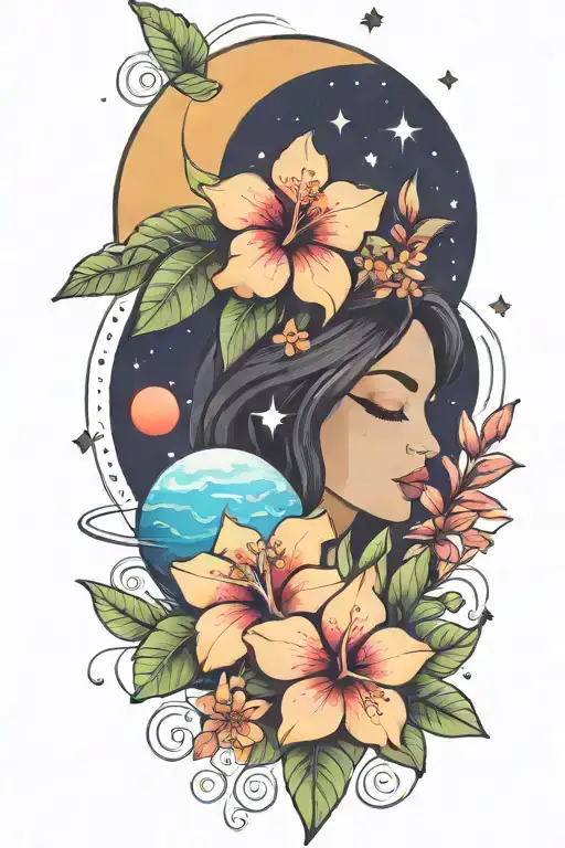 Hibiscus And Plumerias And Planets Stars And Nebulas And Ancient Egypt