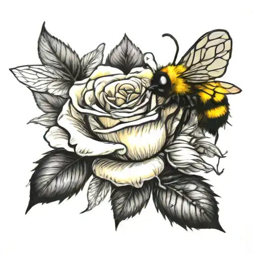 Yellow Rose With Bumblebee With Mushroom At Base