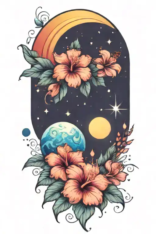 Hibiscus And Planets Stars And Nebulas