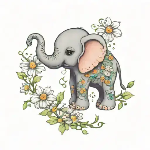 Baby Elephant And Daisies Vines And Sweet Pea