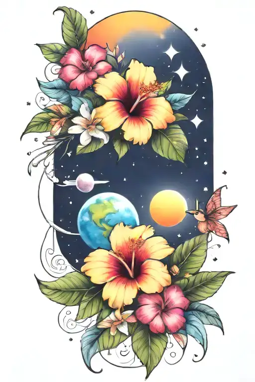Hibiscus And Plumerias And Planets Stars And Nebulas And Ancient Egypt