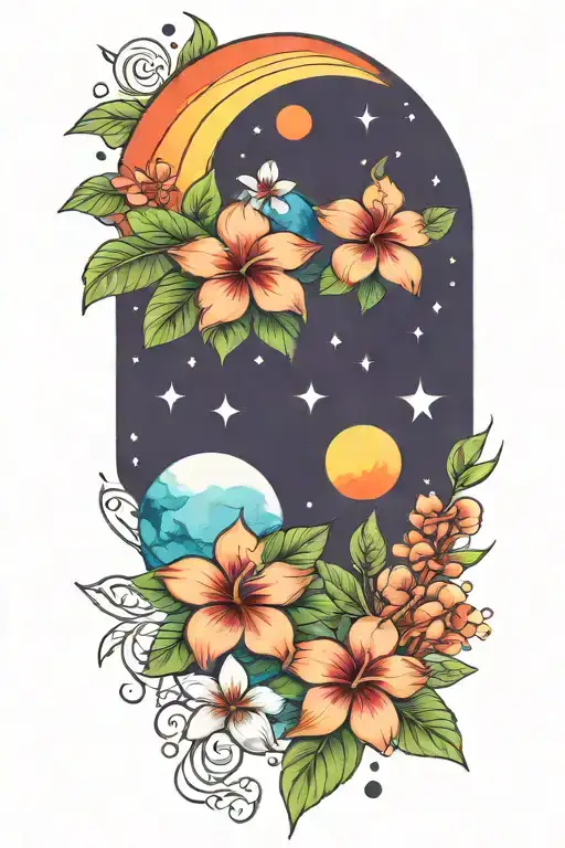 Hibiscus And Plumerias And Planets Stars And Nebulas