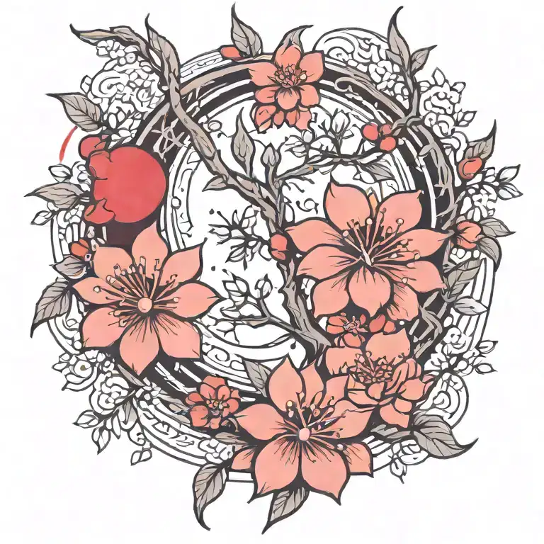 Greek Cherry Blossom Branch Red Sun And Moon