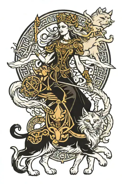 Norse Goddess Freya A Chariot Pulled By Two Cats Sitting