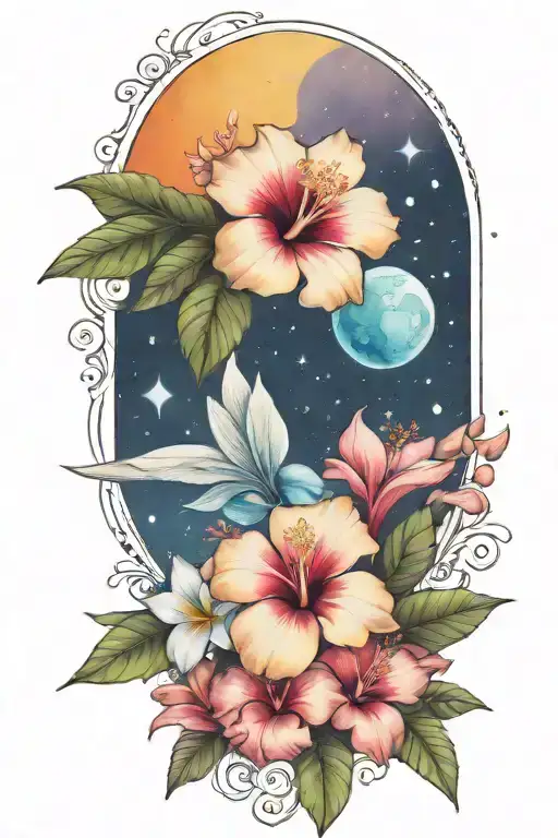 Hibiscus And Plumerias And Planets Stars And Nebulas And Ancient Egypt