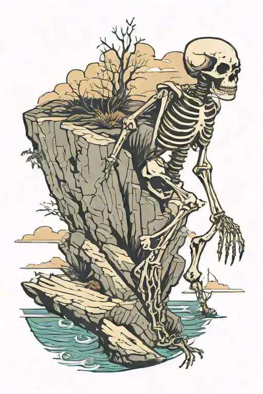 Skeleton Walking Off Cliff Overlooking The Ocean