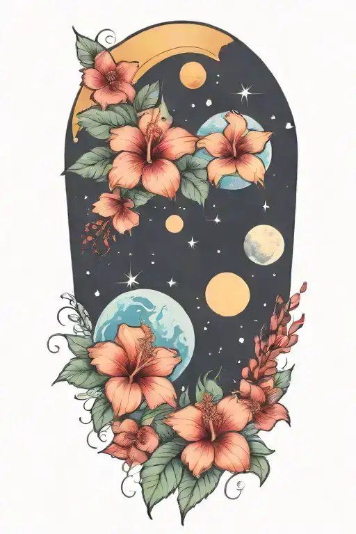 Hibiscus And Planets Stars And Nebulas