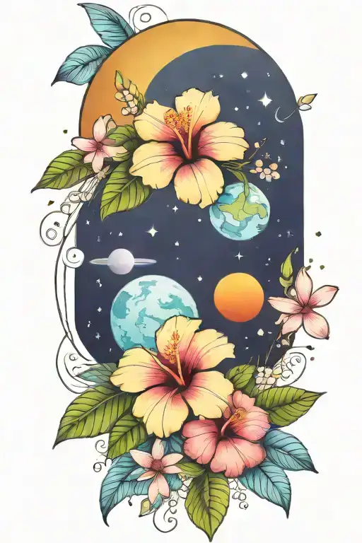 Hibiscus And Plumerias And Planets Stars And Nebulas And Ancient Egypt
