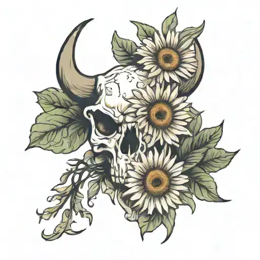 Bull Skull With Daisy Flower