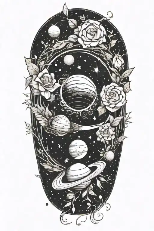 A Floral Wreath Encircling A Stylized Solar System