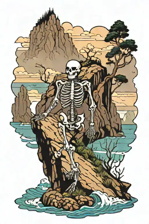 Skeleton Walking Off Cliff Overlooking The Ocean