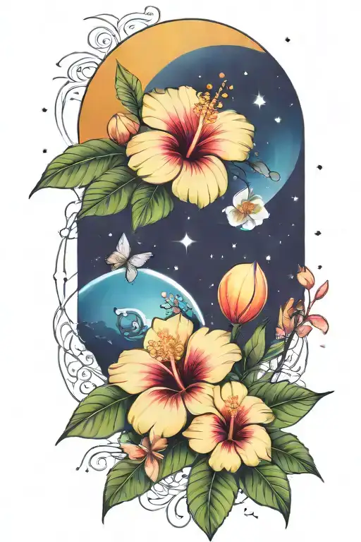 Hibiscus And Plumerias And Planets Stars And Nebulas And Ancient Egypt