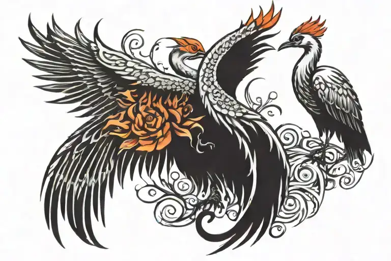 Phoenix And Crane Bird Rising With Spiritual Elements
