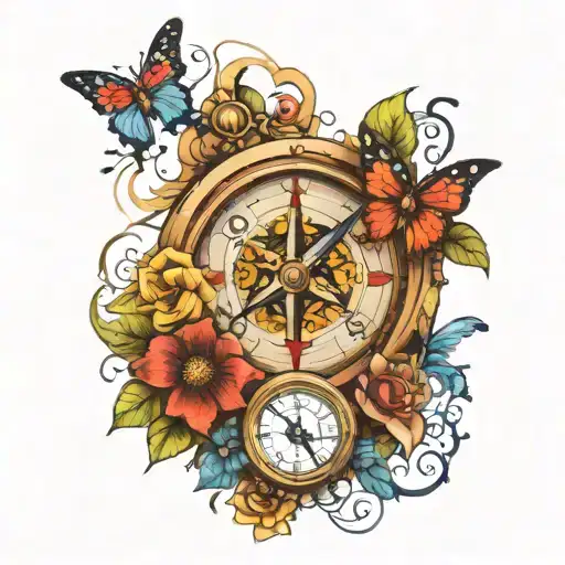 Compass With Clock And Butterflies In Color