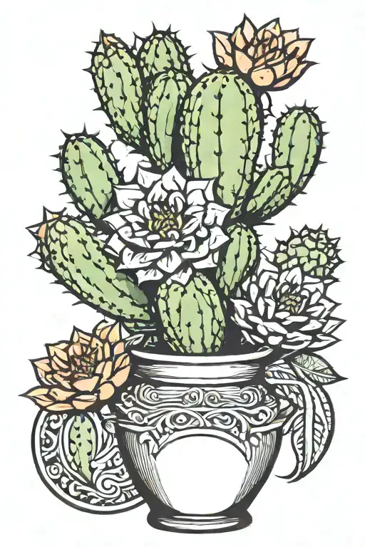 Single Cactus In A Single Decorated Vase No Flowers Growing