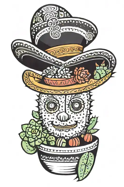 Tall Classic Cactus In A Single Decorated Pot With A Sombrero