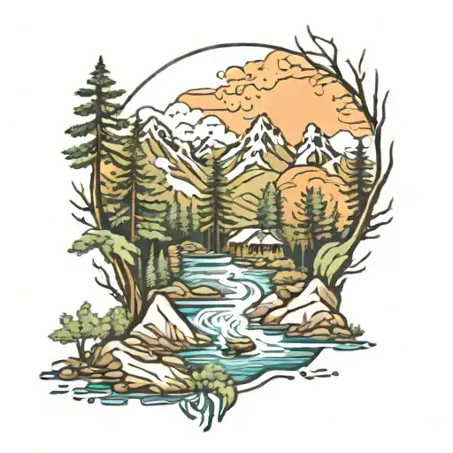 Mountains With Forest And River Surrounded