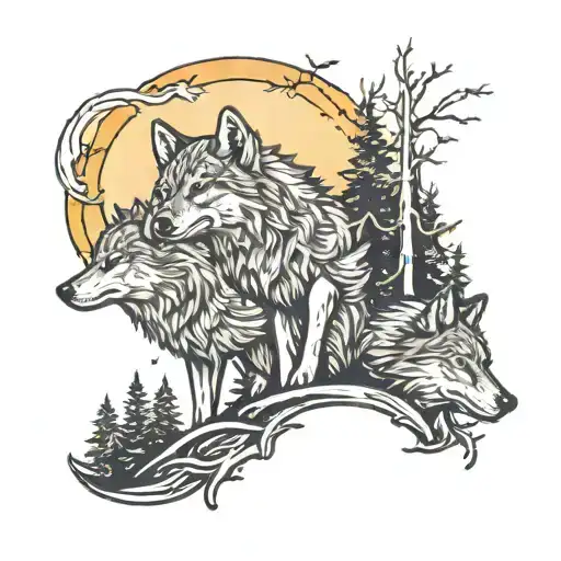 Forest With 2 Wolfs And Bright Sun Rising