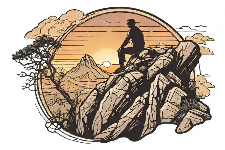 Silhouette Of A Rock Climber Sitting On Top Of A Mountain Watching The Sunset Over A Valley