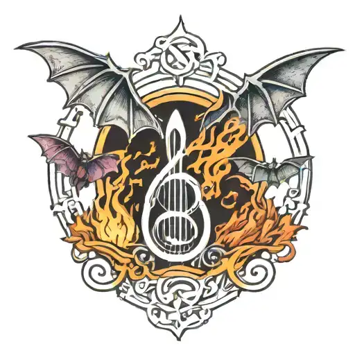Cloudy Flames Music Note Intertwined Small Bats Flying Moonlit Scene