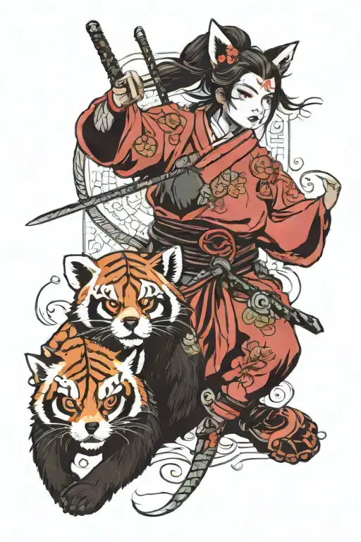 Samurai Female Warrior Holding A Sward And Red Panda Opersite The Warrior