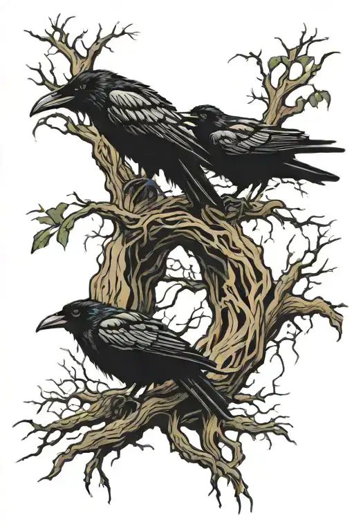 Ravens Sitting In Creepy Oak Tree With Roots Forming
