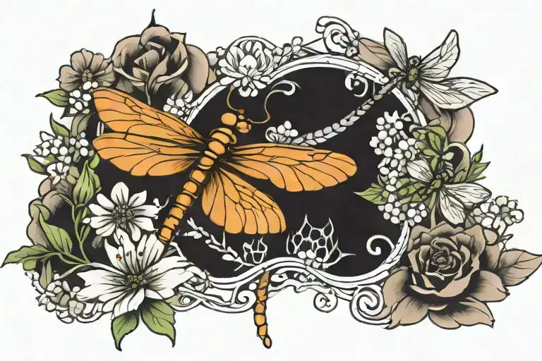 Dragonfly And Flowers Intertwined