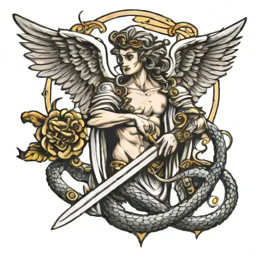 Angel Holding A Sword And Bottom Snake Coiled