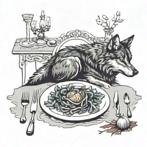 A Nauseous Wolf Sitting On A Dining Table And A Cabbage As His Dish