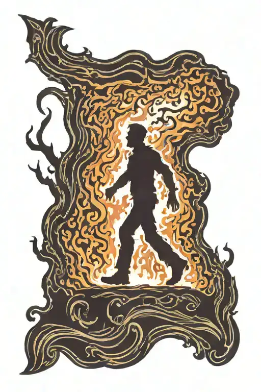 Silhouette Of Man Walking Thru Fire Unburned Focused On The Journey Ahead