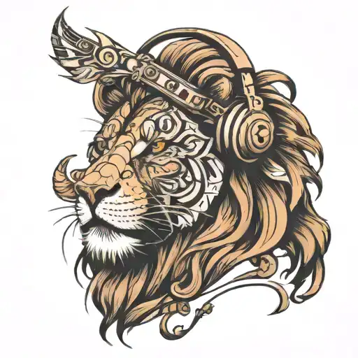 Lion Wearing Headphones Listening Rock Music Notes