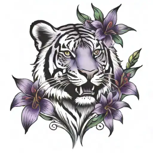 Black And White Tiger With Purple Tiger Lillies