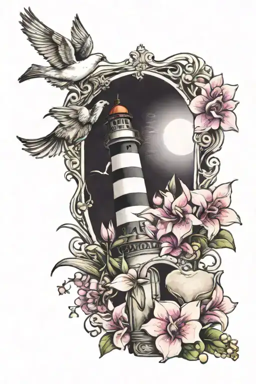 Lighthouse With Orchids And Shells A Dove And Beach Chair
