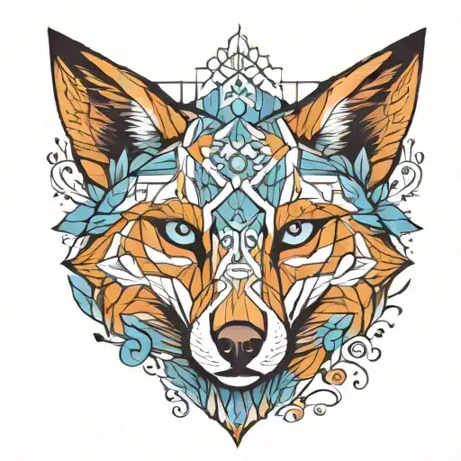 Geometric Fox Head With Pale Blue Eyes And Surrounded By Trees