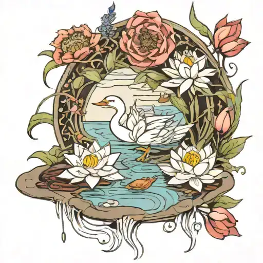 Pond With Water Lilly's And A Red Carnal Sitting On Larkspur Blooming And 1 Duck In The Water