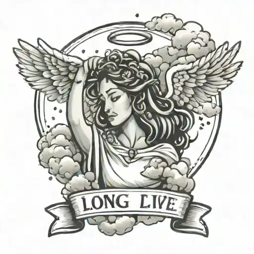 Angel On Top Of My Forearm With The Words Long Live Clay Under The Angel With Clouds All Around It