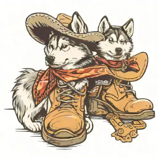 One Husky Wearing A Cowboy Hat And Another Husky Leaning On A Cowboy Boot