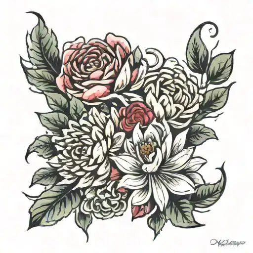 Chrysanthemum And Rose Entwined Bright Colour