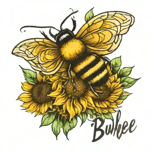 Bumble Bee And Name Written Underneath Her With Sunflowers
