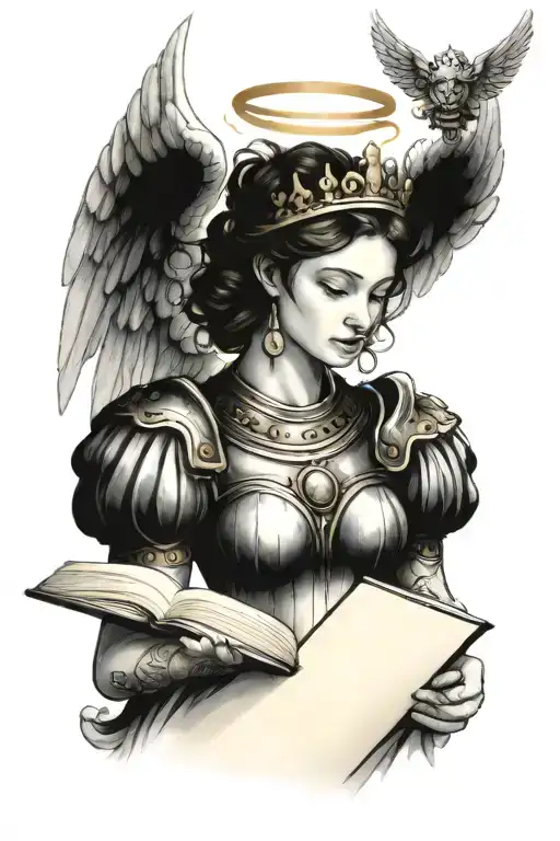 An Angel With Shinning Armour Having A Crown On Her Head And Book In Her Hand Kneeling Down