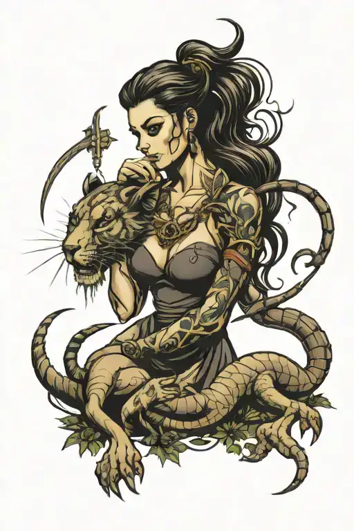 Huntress With Lion And Scorpion Intertwined