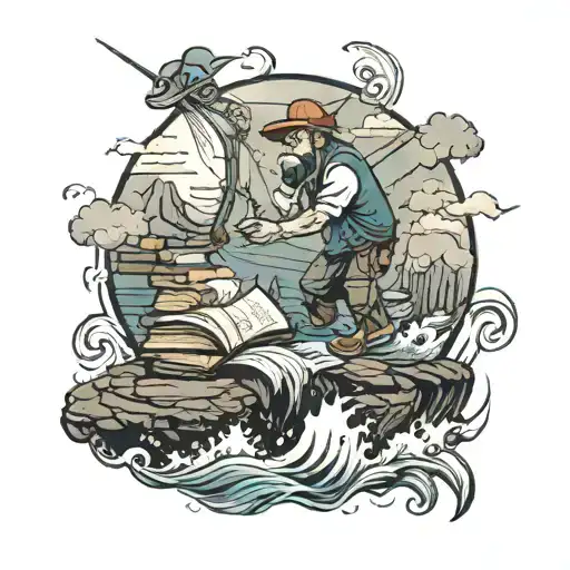 Books And A Man Fishing By A Cliff In The Ocean Waves