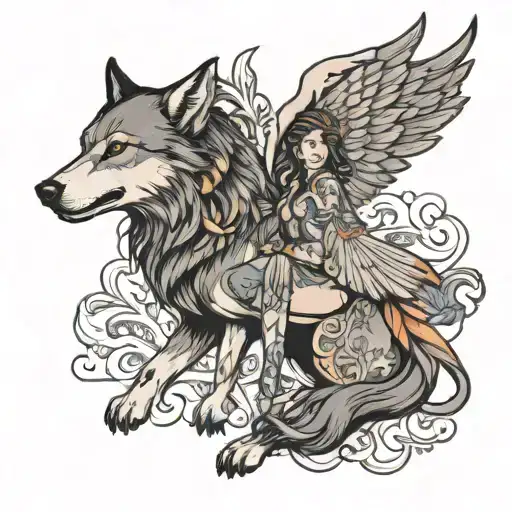 Half Wolf And Half Women With Wings Spread